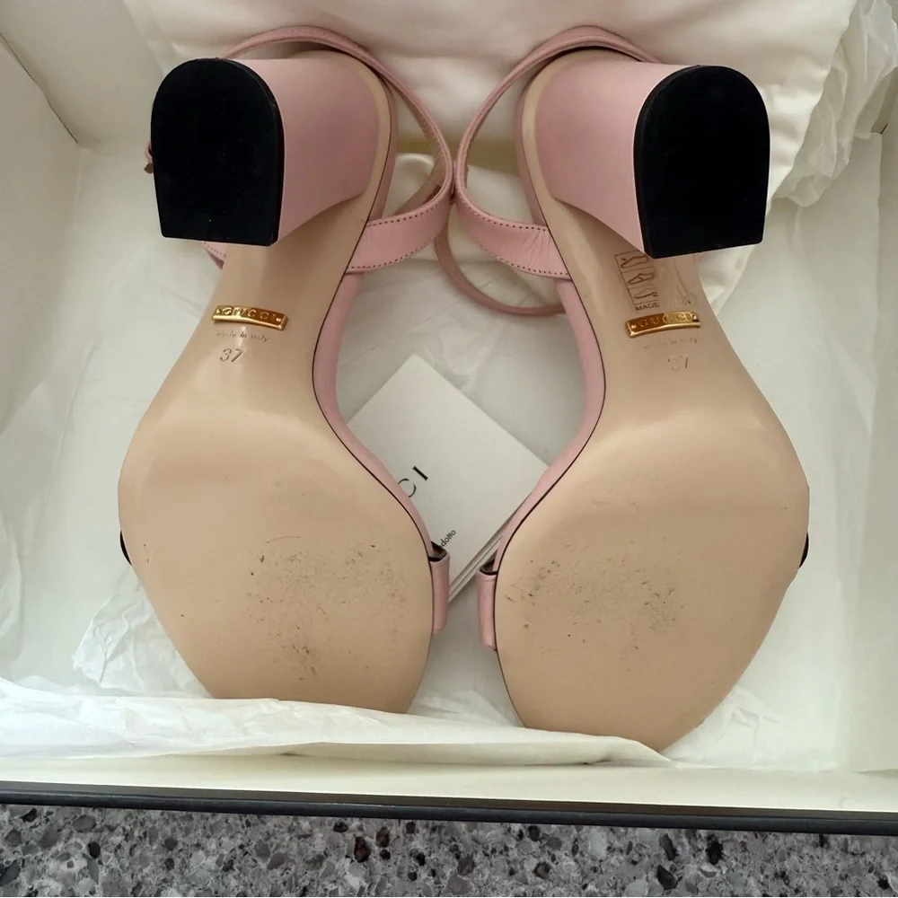 Gucci Pink Block Heel Sandals with Gold GG Logo - Picture 9 of 11